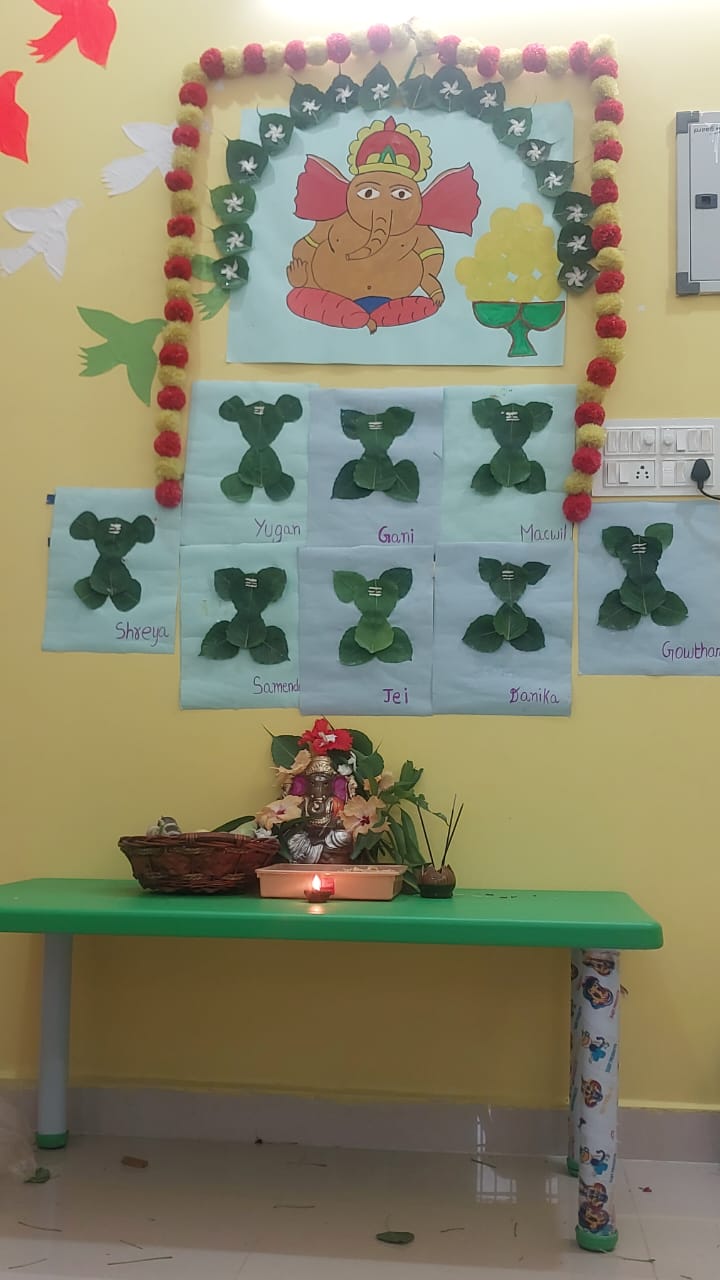 Ganesh leaf art craft display with colourful decorations
